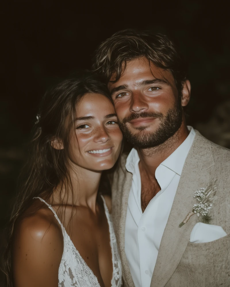 Bride and groom smiling during an evening wedding celebration in Cyprus