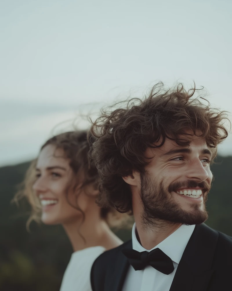 Bride and groom smiling joyfully outdoors during their wedding in Cyprus