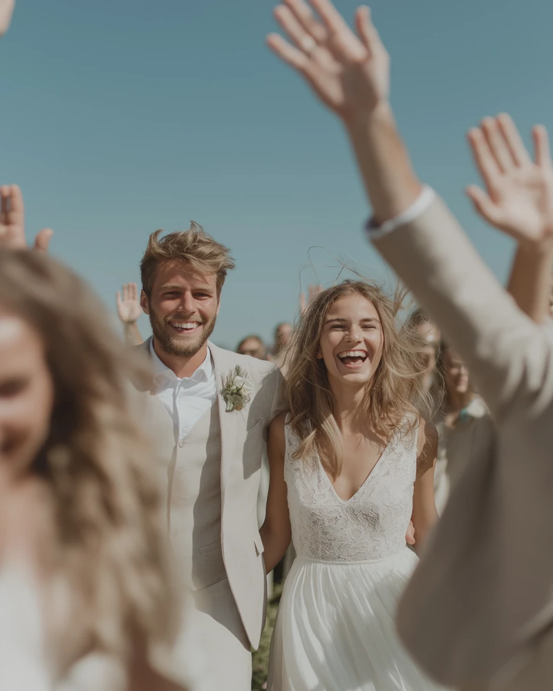 Bride and groom walking joyfully with guests celebrating during a sunny wedding in Cyprus