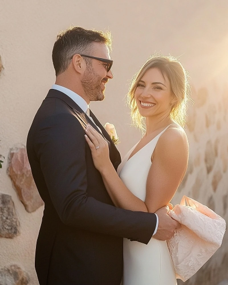 Bride and groom smiling at sunset during their wedding in Cyprus