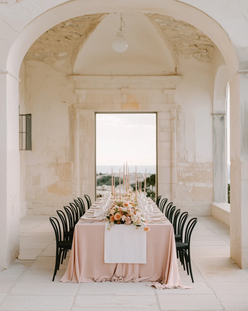 Elegant wedding table setup with floral centerpiece and candles in Cyprus