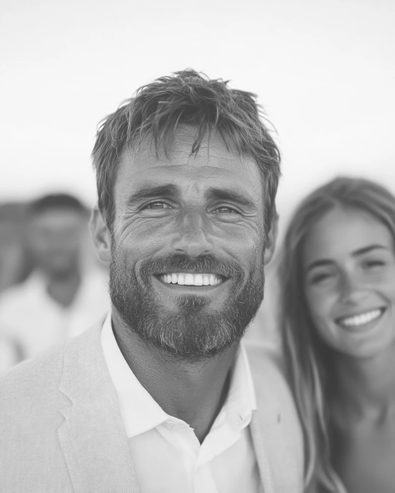 Black and white portrait of a groom smiling during a Cyprus wedding celebration