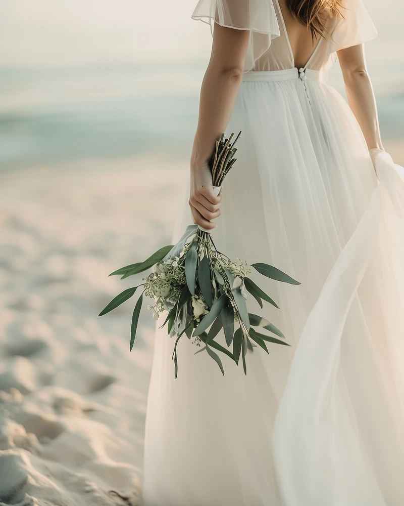 Bride holding a natural greenery bouquet by the beach during a serene Cyprus wedding.