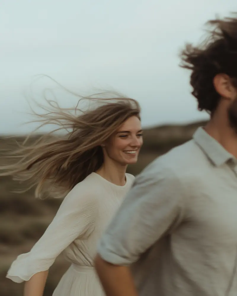 Woman smiling while walking with her partner outdoors, captured in a natural, motion-filled portrait.