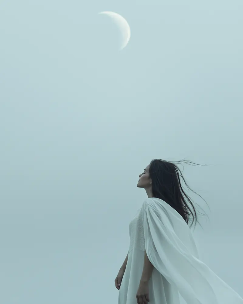 Bride in a flowing dress looking toward the moon, captured in a soft, ethereal portrait.
