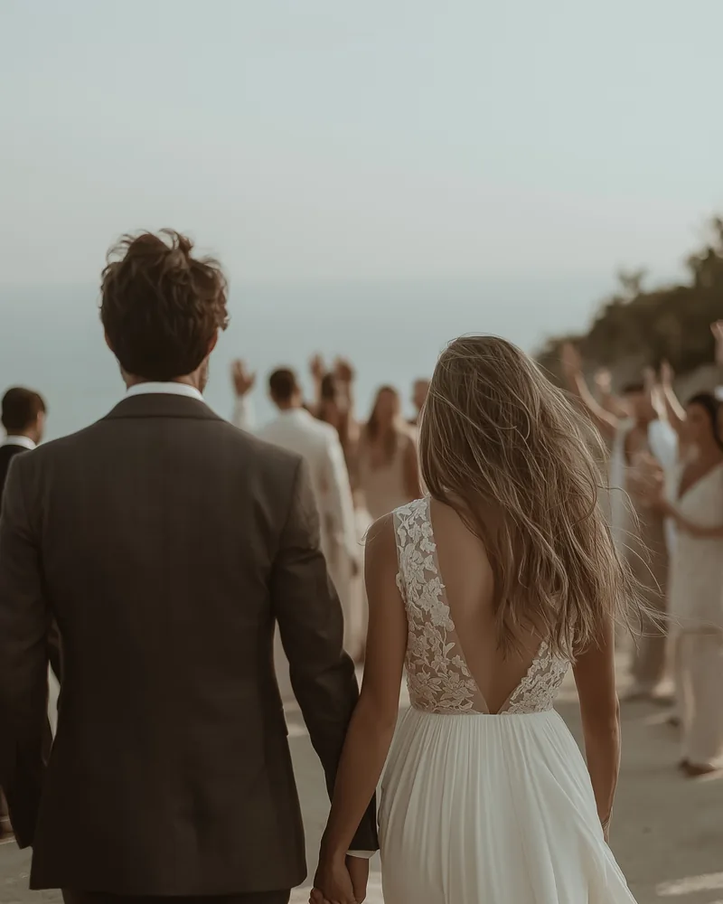 Bride and groom walking hand in hand after their beach wedding ceremony in Cyprus as guests celebrate