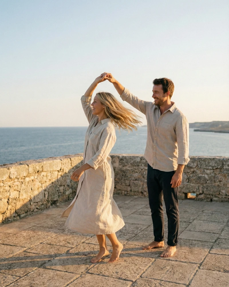 Couple dancing barefoot on a Mediterranean stone terrace overlooking the sea at sunset.