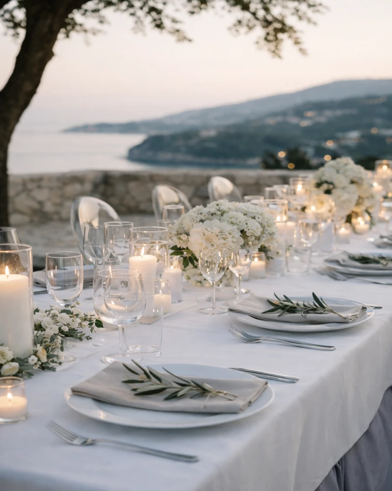 Elegant wedding reception table with white florals, candles, and olive leaf details overlooking the sea at sunset, photographed by Soomore