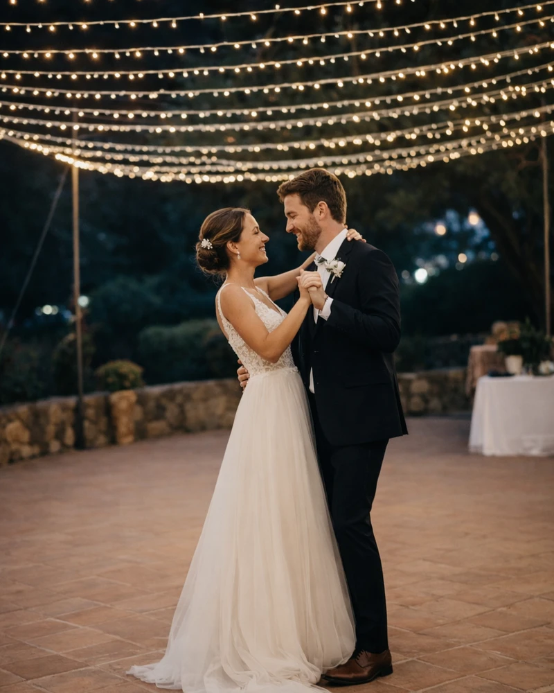 Bride and groom sharing their first dance under string lights during an outdoor evening wedding reception.