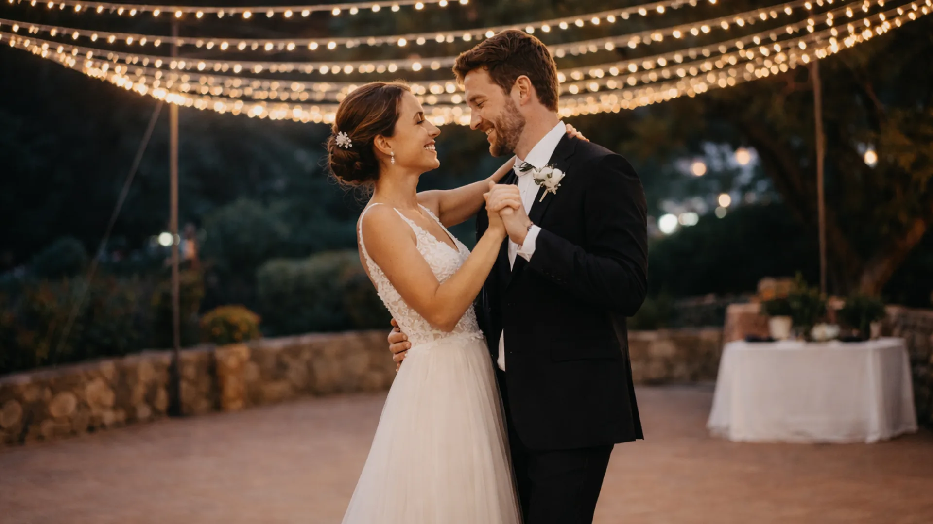 Bride and groom sharing their first dance under warm fairy lights during an outdoor evening wedding celebration.