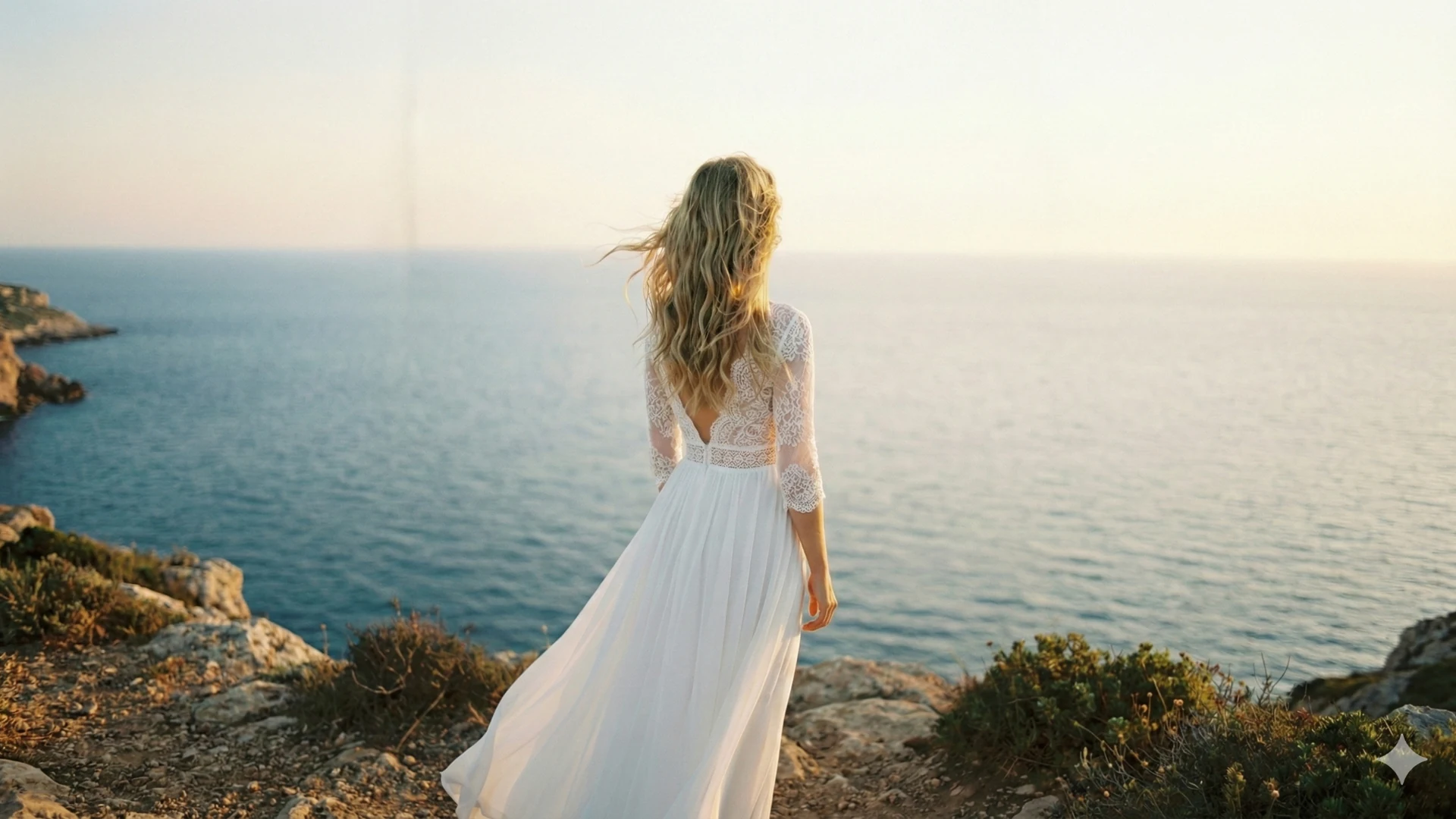 Bride in a flowing lace wedding dress overlooking the Mediterranean Sea at sunset on a Cyprus cliff, captured in a minimalist, romantic Soomore wedding style.