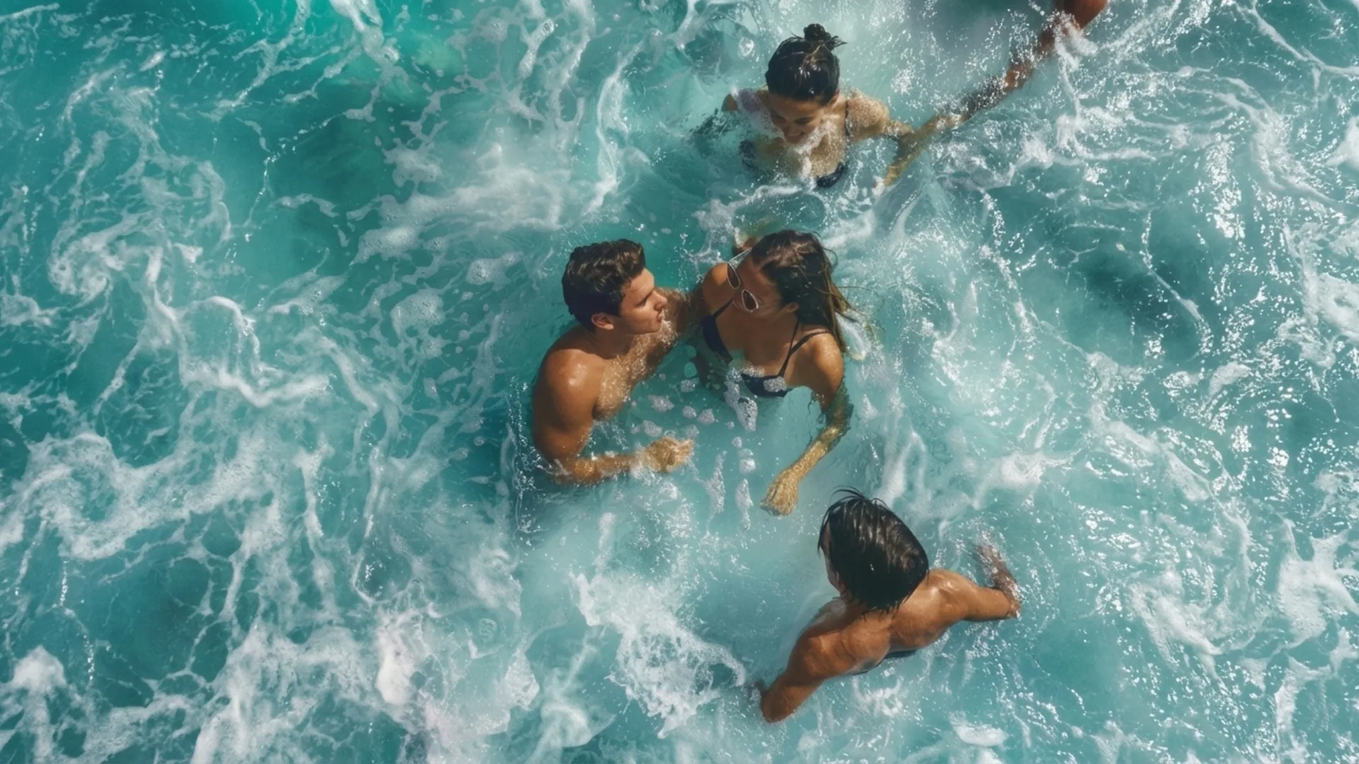 Wedding guests enjoying the turquoise Mediterranean Sea during a destination wedding celebration in Cyprus, captured from above with natural movement and light by Soomore.