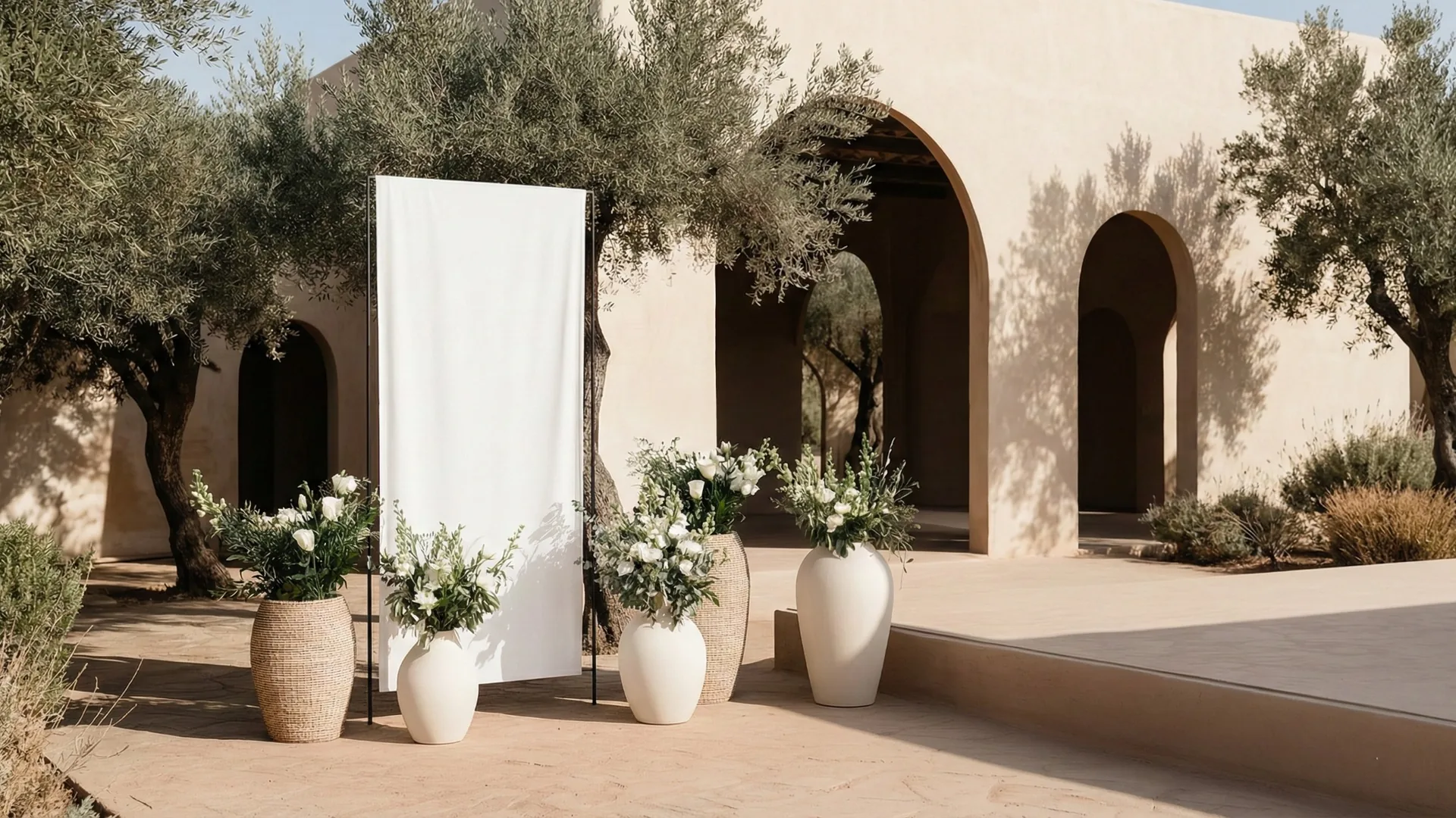 Minimalist outdoor wedding ceremony setup with white fabric backdrop, olive trees, sculptural arches, and neutral floral arrangements in a Mediterranean setting by Soomore.