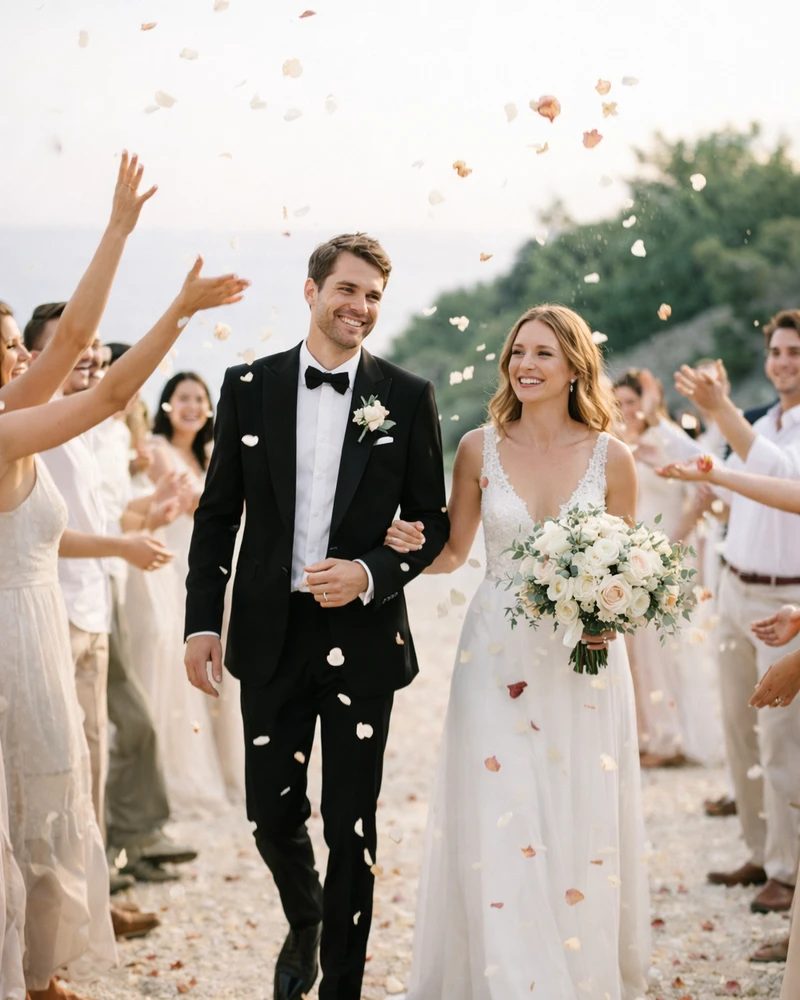Bride and groom walking hand in hand through guests throwing flower petals at a seaside destination wedding.