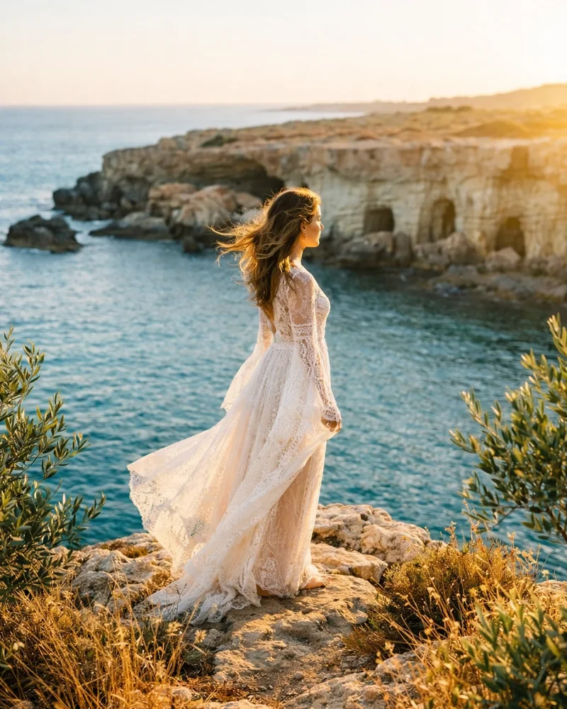 Bride in a flowing lace wedding dress standing on a Mediterranean cliff at sunset, overlooking turquoise sea and limestone coastline, planned by Soomore.