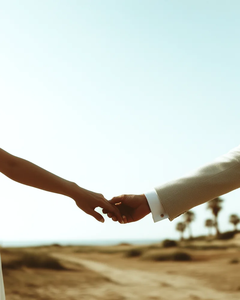 Close-up of a couple gently holding hands during a destination wedding, set against a soft Mediterranean landscape with natural light by Soomore.