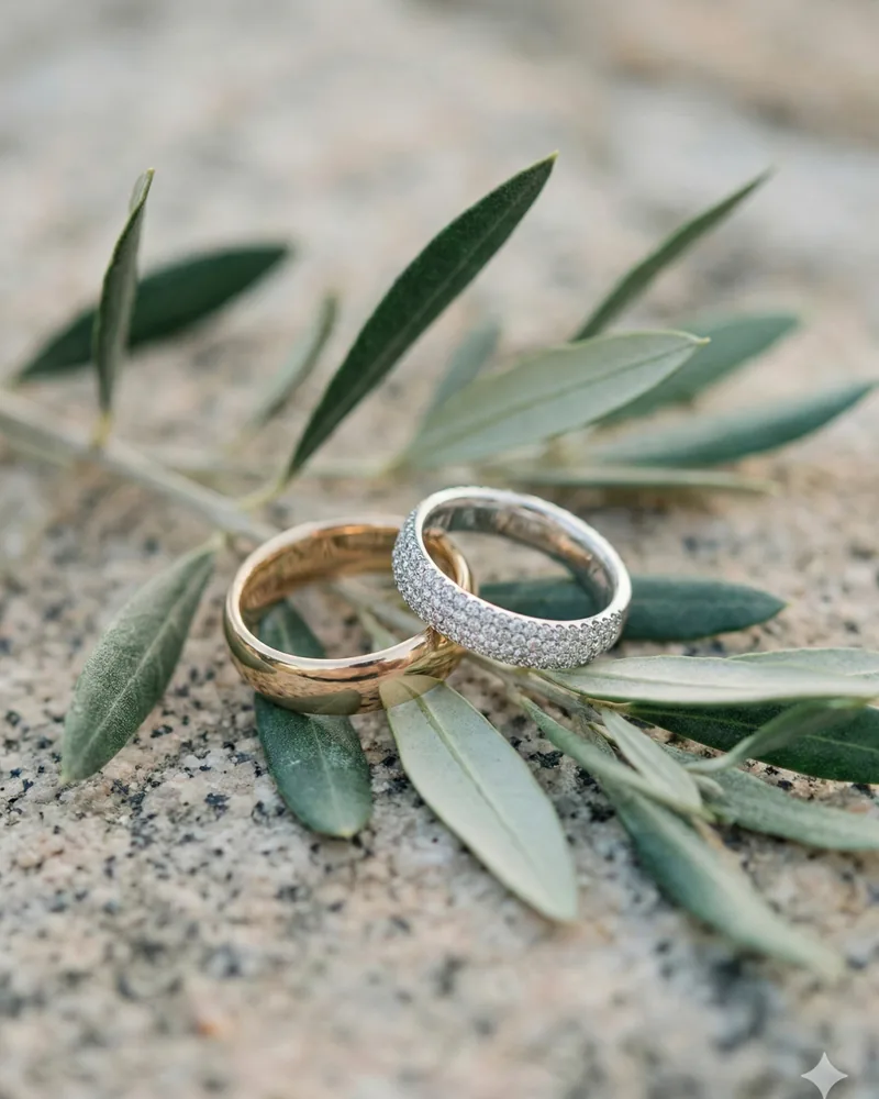 Close-up of gold and diamond wedding rings resting on olive leaves, styled as an elegant Mediterranean wedding detail with natural textures and soft light.