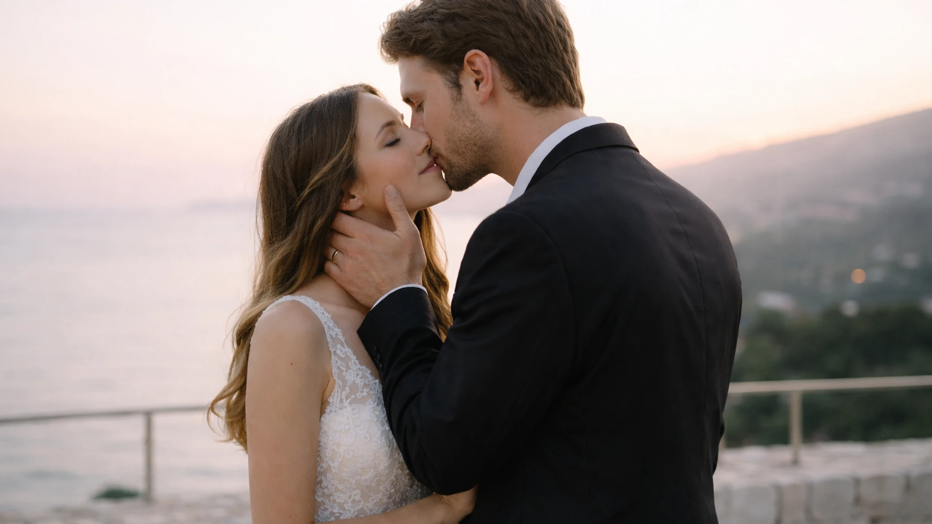 Bride and groom sharing an intimate kiss at sunset on a stone terrace overlooking the sea during a destination wedding.