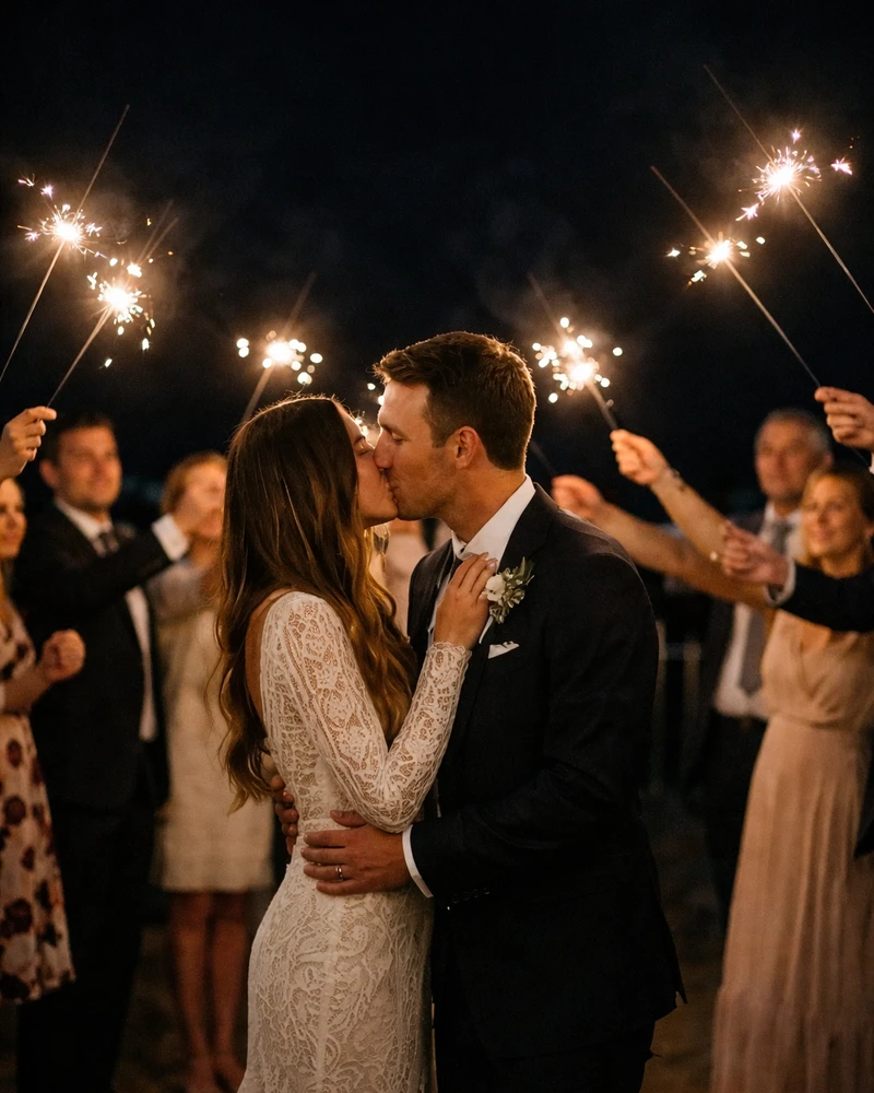 Newlywed couple kissing during a nighttime sparkler exit surrounded by wedding guests.
