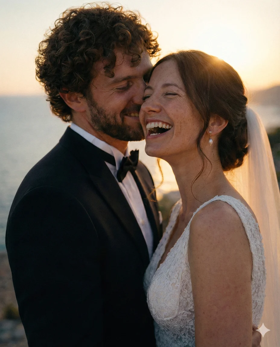 Bride and groom laughing together during golden hour by the sea, captured in an intimate sunset wedding portrait